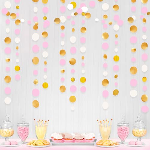 Gold and Pink Party Decorations Circle Dots Garland Metallic Gold Light Pink and White Hanging Polka Dot Streamer for Women Girl Birthday Bridal Shower Wedding Princess Party Supplies