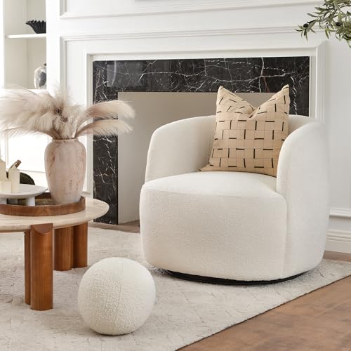 34" W Boucle Swivel Barrel Chair with Toss Pillow