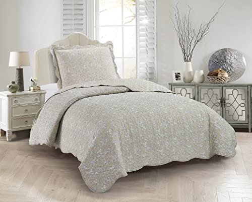 Classic Grey Floral Toile in Beige Hues Quilt Set (2 Count)