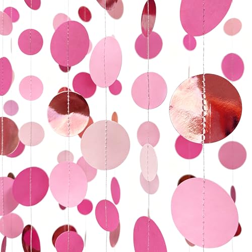 Hot Pink Rose Gold Party Decorations Circle Dots Garland Hanging Polka Dot Streamer for Girls Birthday Bachelorette Wedding Bridal Shower Anniversary Hen Party Supplies