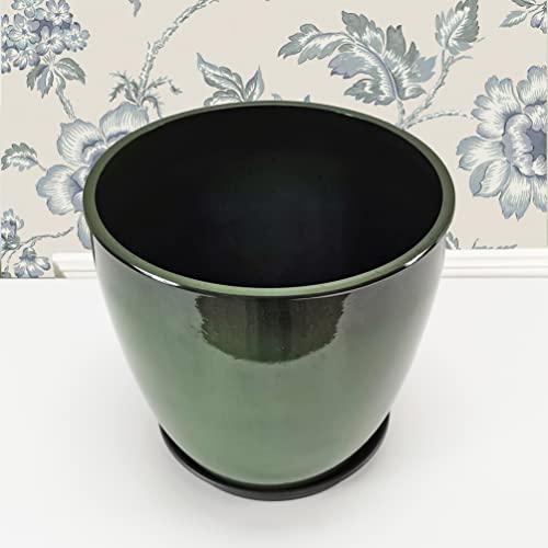 Garden Green Plastic Round 11.8 Inches Diameter 11.8 Inches Tall Planter Resin Glazed Faux Ceramic Flower Pots Drainage Hole with Saucer Decorative Pot 15675