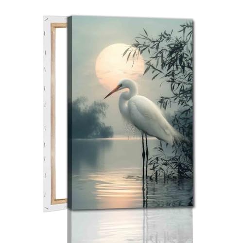 White Heron Wall Art Watercolor Heron Print Vintage Crane Bird Pictures Japanese Crane Painting Watercolor Bird Artwork Sunset Abstract Wall Art Coastal Living Room Decor 16x24inch Framed