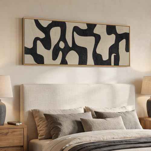 Large Framed Black Beige Abstract Wall Art for Living Room Horizontal 60x20