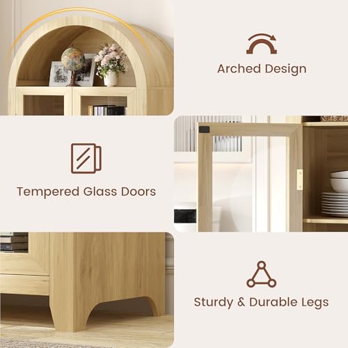 71" Arched Kitchen Pantry Storage Cabinet with Glass Doors
