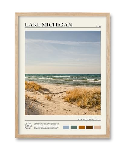Natural OAK Wood Lake Michigan Framed Wall Art