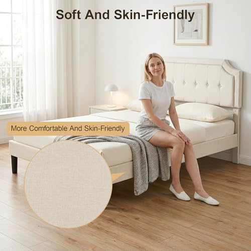 Full Size Bed Frame with Fabric Upholstered Headboard