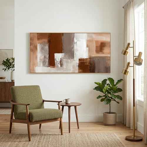 Large Abstract Wall Art 24x48 Inch Brown White Gray Framed Canvas Print Painting Modern Neutral Tone Artwork for Living Room Sofa Bedroom Waterproof & Fade Resistant Wood Frame Decor Ready to Hang