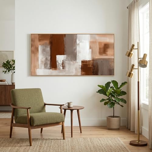 Framed Abstract Canvas Wall Art Brown White and Beige Modern Style 58 x 30 in Geometric Abstract Home Decor for Living Room Bedroom Office Wall Decoration Ready to Hang