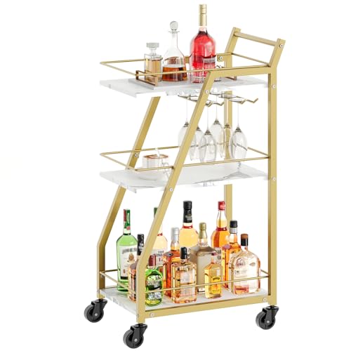 Bar Cart, 3-Tier Home Bar Serving Cart with Wheels, Drink Cart with Glass Holder, Beverage Cart, Rolling Kitchen Cart, for Home, Living Room, Gold BC03DW