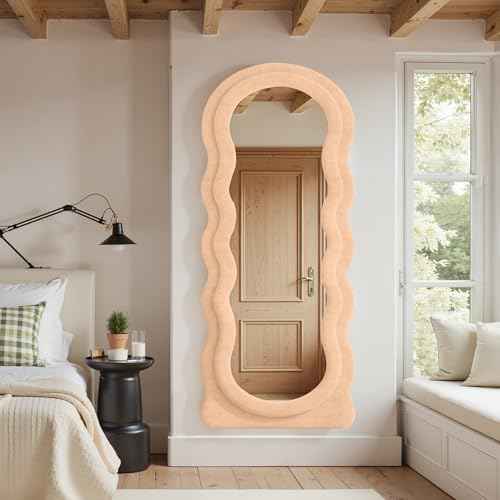 Full Length Mirror 71"x30" Irregular Wavy Full Body Wall Mounted Floor Mirror with Stand Milk Tea Flannel Frame Leaning Hanging Wall for Bedroom Entrance Hallway