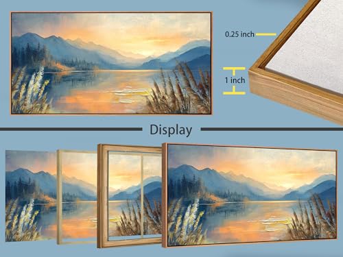 Landscape Painting Sunset Mountain Lake Canvas Wall Art Textured Wood Framed Large 48"x24"