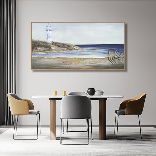Ocean Wall Art Blue and Grey Wall Decor Framed Canvas Painting Coastal Aesthetic Artwork for Living Room Bedroom Dining Room Office Home Decor 24x48 Inch