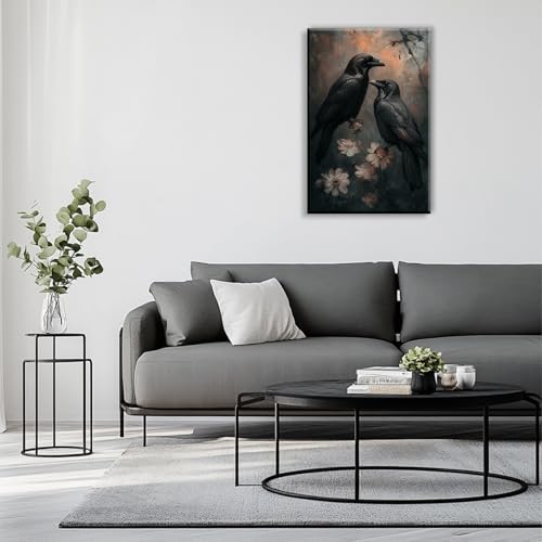 Birds Canvas Wall Art Black Couple Crow Picture Print Vintage Gothic Raven Artwork for Living Room Halloween Home Wall Decor
