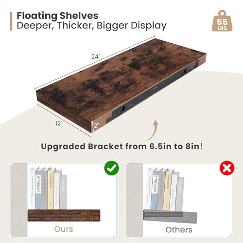 24 x 12 Deep Floating Shelves Wall Mounted Set of 2 Rustic Brown (2 Count)