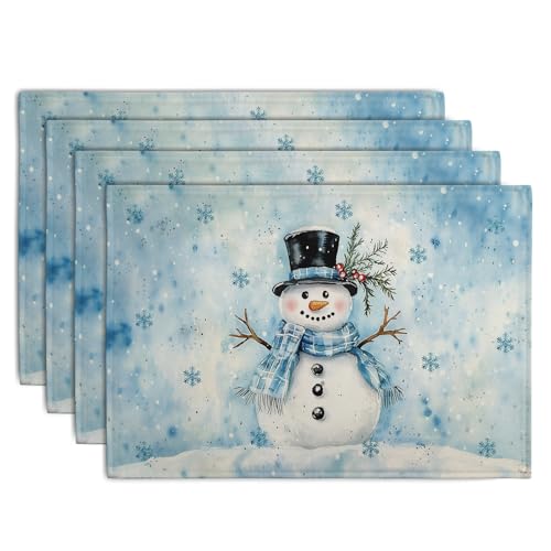 Blue Snowman Snowflake Winter Placemats Set of 4 Seasonal Christmas Linen Table Mats 12x18 Inch Xmas Holiday Snow Farmhouse Rustic Washable Place Mats for Party Kitchen Dining Outdoor Indoor Decor (4 Count)