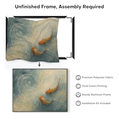 60"x72" Extra Large Framed Wall Art Koi Fish Swirl Tranquil Water Illustration for Home Living Room Bedroom Decor