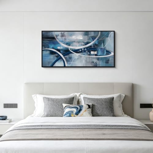 Blue Abstract Wall Art Modern Neutral Fluid Painting with Thin Black Frame