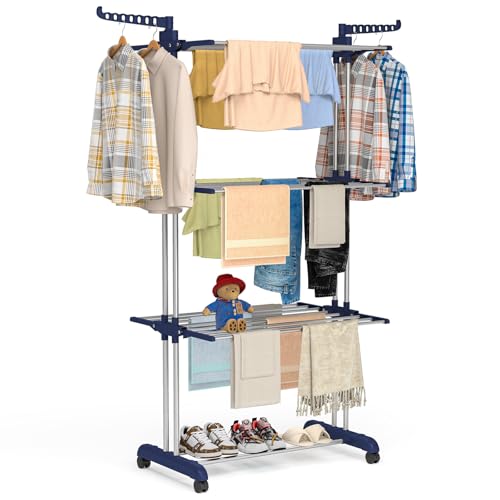 Clothes Drying Rack Folding with Wheels Drying Rack Clothing Clothes Horses Rack Stainless Steel Laundry Drying Rack with Two Side Wings 4 Tier Upgraded Grey Blue