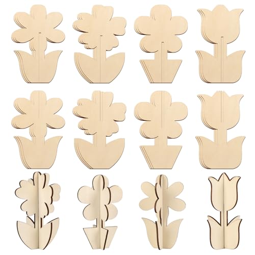 DIY 3D Flower Spring Wood Crafts to Paint (24 Count)