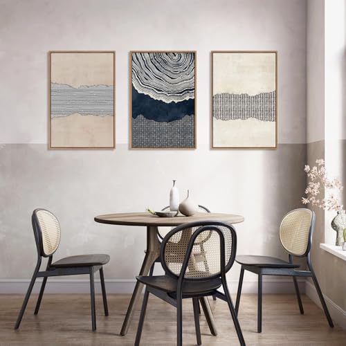 Large Abstract Navy Blue Beige Framed Canvas Wall Art (3 Count)
