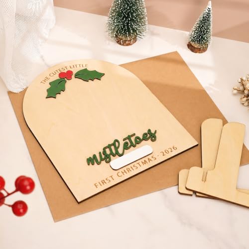 Personalized Baby’s First Christmas 2026 Wooden Mistletoes Footprint Art