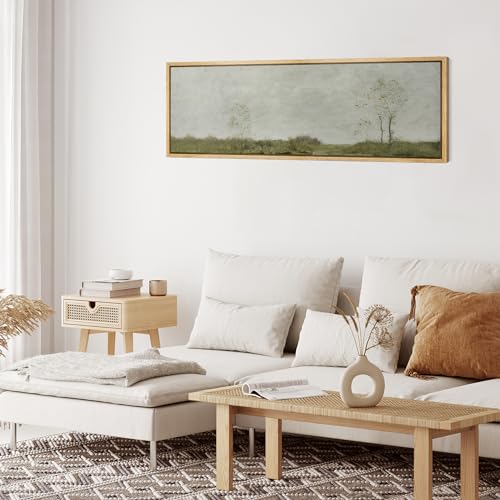 Large Framed Canvas Print Wall Art Soft Pastoral Landscape Wall Art with Trees Antique Retro Fine Art Illustrations Decorative Colorful for Bedroom