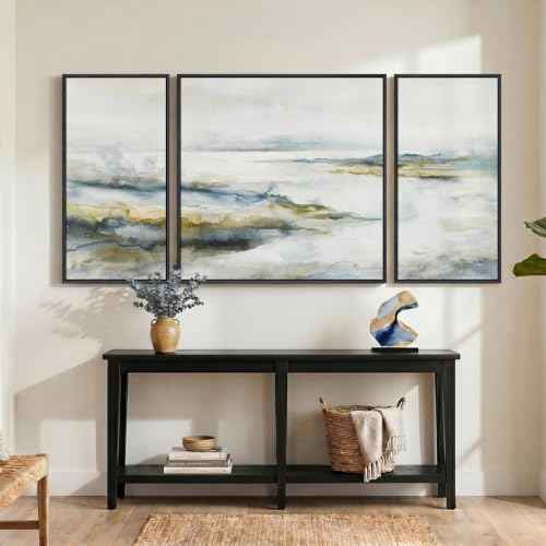 Extra Large Framed Blue Gray Abstract Landscape Wall Art for Living Room (3 Count)