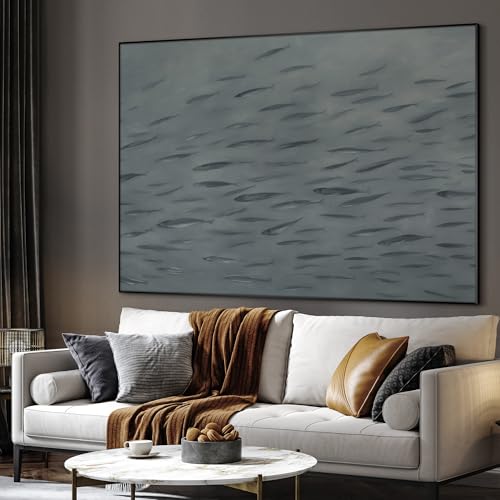 46"x60" Extra Large Framed Wall Art Gray School of Fish Minimalist Ocean