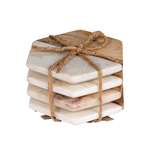 4 Piece Marble and Mango Wood Hexagon Coasters (4 Count)