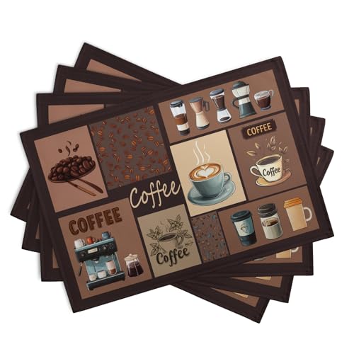 Coffee Theme Placemats Set of 4 Farmhouse Style Brown Linen Fabric Table Mat 12x18 Inch Washable Heat Resistant Non
