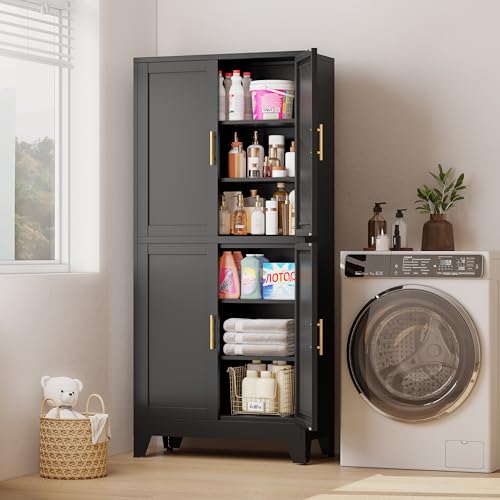 Black Metal Storage Cabinet with 4 Doors and 4 Adjustable Shelves