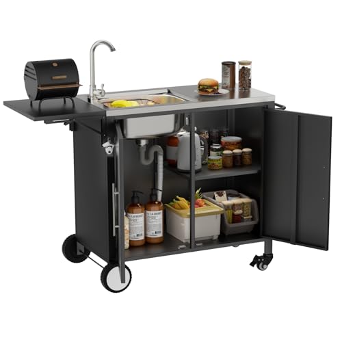 Outdoor Grill Table with Sink & Foldable Worktop