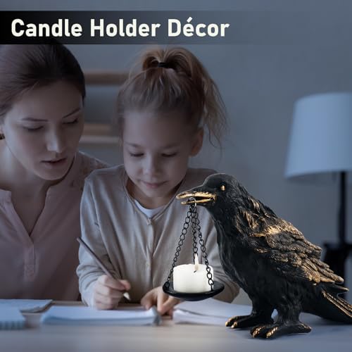 Raven Gothic Home Decor Fake Crow Light Holder Raven Lamp Tealight Candle Holder Resin Raven Statue Wearing Gold 2PCS (2 Count)