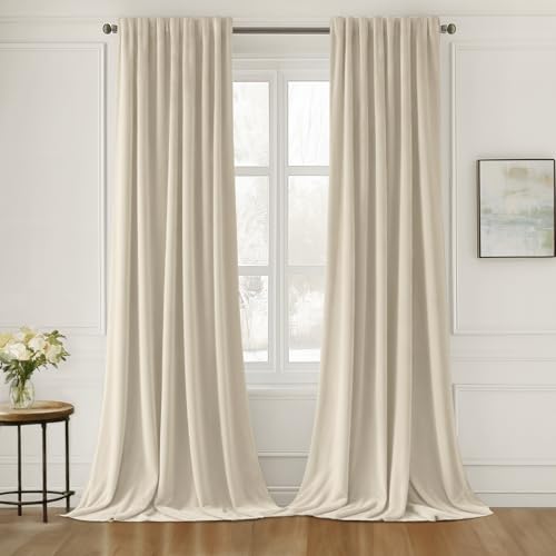 Cream Beige Velvet Pinch Pleat Blackout Curtains W52 X L84 Inches (2 Count)