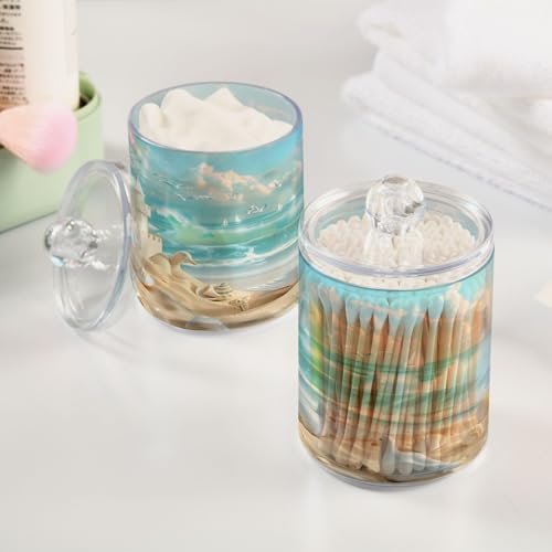 2 Pack Qtip Holder Organizer Dispenser Beach Sandcastles Seagulls Shells Bathroom Storage Canister Cotton Ball Holder Container for Cotton Pads (2 Count)