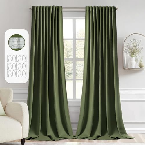 Olive Green Back Tab Blackout Curtains 52x96 Inch Long 2 Panels Set (2 Count)