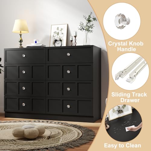 Black Wood Dresser for Bedroom 8 Drawer