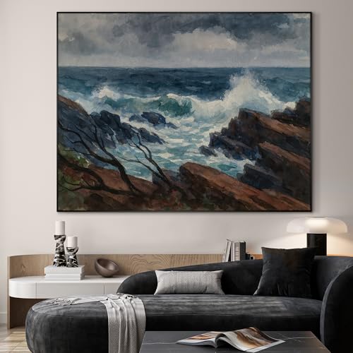 60"x72" Extra Large Framed Wall Art Rocky Seashore with Crashing Waves and Moody Sky for Home Living Room Bedroom Decor