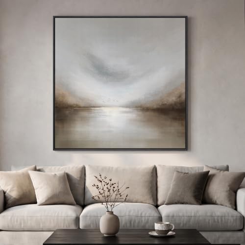 Extra Large Framed Neutral Gray Abstract Landscape Wall Art Decor
