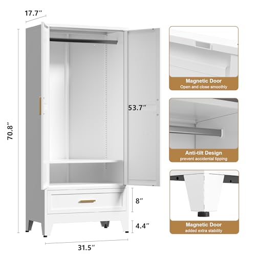 71'' Farmhouse Metal Wardrobe Cabinet with Hanging Rod