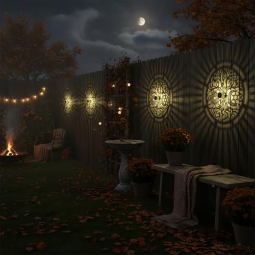 4 Pack Solar Fence Lights Metal Solar Powered Outdoor Wall Deck Step Lights Tree Theme Waterproof Fence Light for Garden Post Patio Backyard Yard Decor (4 Count)