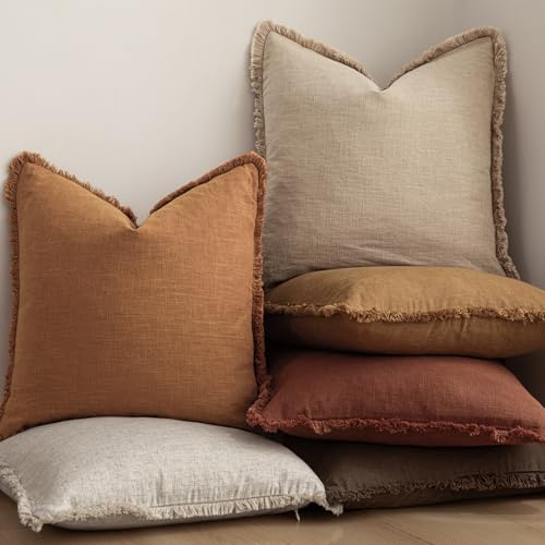 Decorative Linen Fringe Throw Pillow Covers 16×16 Inch (2 Count)