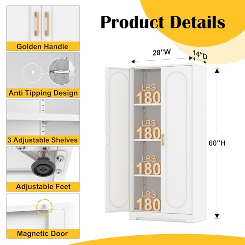 60"Metal Pantry Storage Cabinet with Doors & 3 Adjustable Shelves