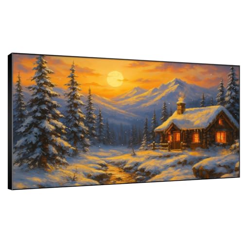 30"x60" Extra Large Framed Wall Art Cozy Cabin in Snowy Mountain Landscape at Sunset for Home Living Room Bedroom Decor