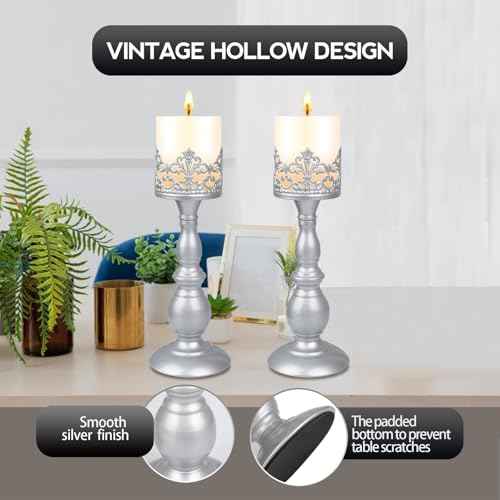 Candle Holders for Pillar Candles Gothic Matte Pearl Silver Tall Candle Holders Set of 2 Decorative Large Table Centerpieces Candle Stand Decor (2 Count)