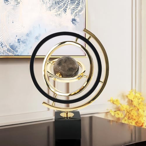Modern Abstract Art Decoration Metal Globe Ornament Sculpture Decor with Rectangle Stand Black & Gold