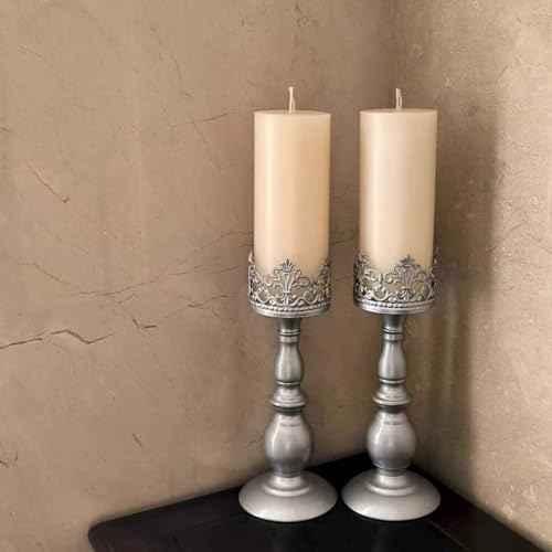 Candle Holders for Pillar Candles Gothic Matte Pearl Silver Tall Candle Holders Set of 2 Decorative Large Table Centerpieces Candle Stand Decor (2 Count)
