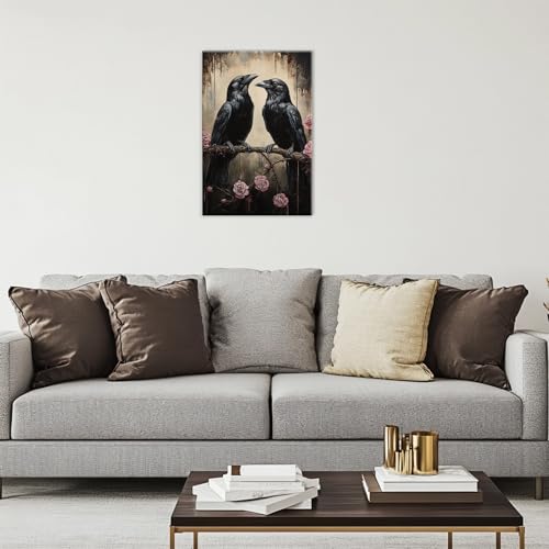 Crow Canvas Wall Art Black Raven Picture Print Pink Rose Poster Vintage Gothic Painting Artwork for Living Room Halloween Decor