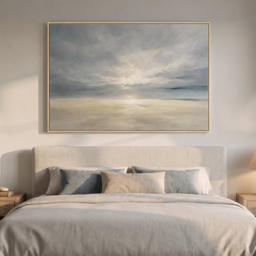 Extra Large Framed Beige Blue Coastal Abstract Wall Art