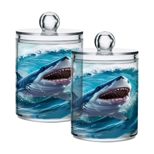 2 Pack Qtip Holder Organizer Dispenser Jumping Shark Blue Ocean Wave Bathroom Storage Canister Cotton Ball Holder Container for Cotton Pads (2 Count)